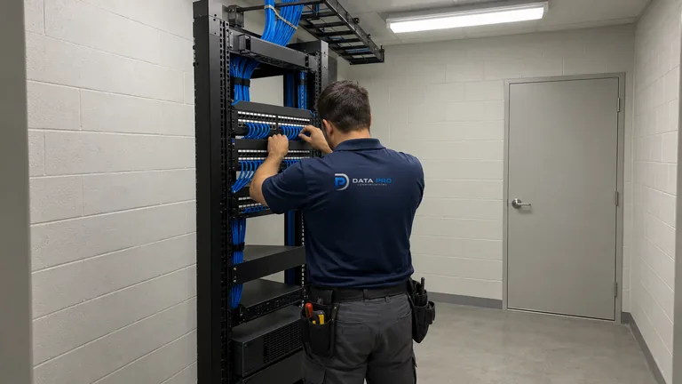 Data Pro technician checking patch cords on a two-post rack with switches and a UPS inside a closed telecom room