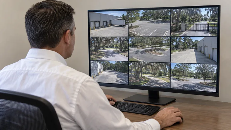 Client security staff member reviewing a network video recorder camera grid of lots and warehouses at a desk