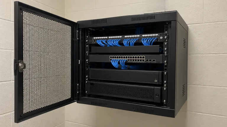 Open wall-mounted equipment cabinet with a network video recorder, PoE switch and patch panel in a closed equipment room