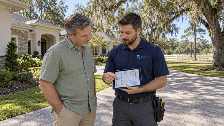 Data Pro technician reviewing a camera plan on a tablet with a homeowner in the driveway of an estate home