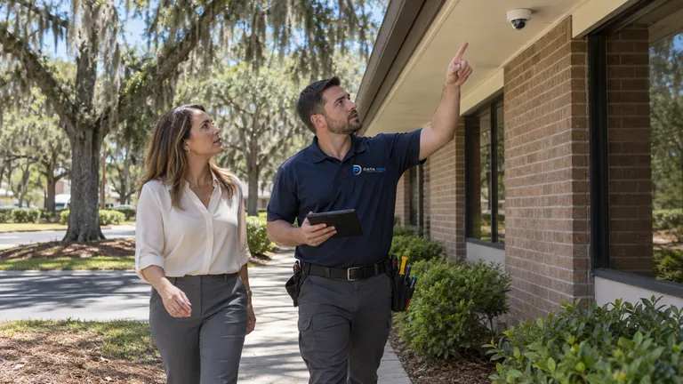 Data Pro technician with a tablet walking a commercial property with a client and pointing to a dome camera under the eave