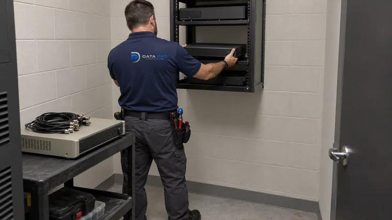 Data Pro technician installing a new network video recorder in a rack beside the legacy DVR it replaces