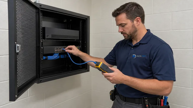 Data Pro technician testing a switch port with a handheld tester at a cabinet holding a new NVR and PoE switch