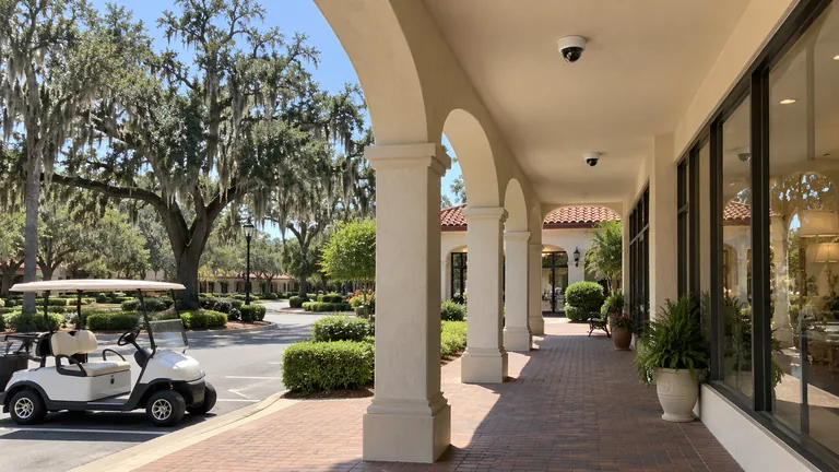 Covered retail arcade in The Villages with dome cameras mounted flush under the arcade ceiling and a golf cart nearby