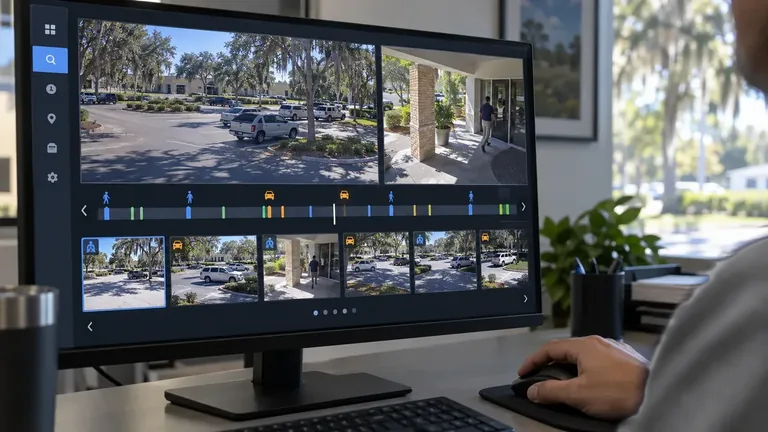 Video search screen with an event timeline and filtered person and vehicle clips from a commercial parking lot