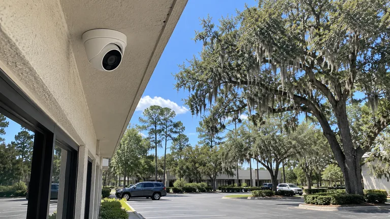 Turret security camera mounted flush under the soffit of a single-story commercial building with live oaks beyond the parking lot