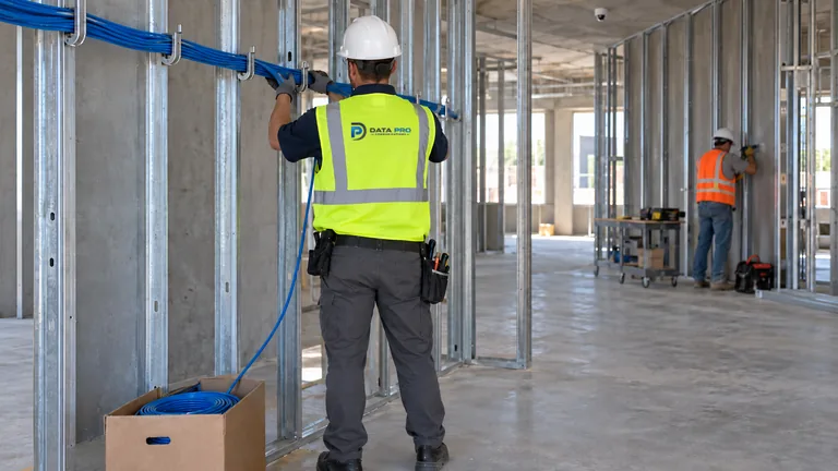 Data Pro technician in a hard hat and vest pulling low-voltage cable through J-hooks on an active commercial jobsite