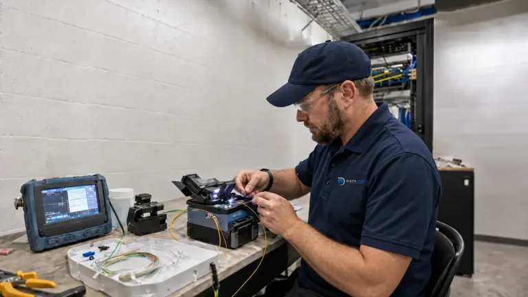 Data Pro technician splicing and testing color-coded fiber strands at a technical-room workbench