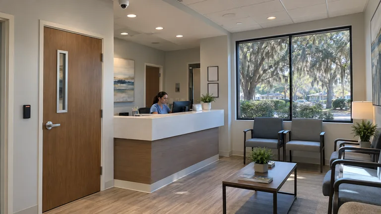 Medical office reception with a controlled staff door, card reader and a ceiling dome camera
