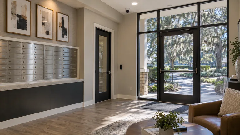 Multifamily clubhouse lobby with mailboxes, a controlled interior door with card reader and a ceiling dome camera