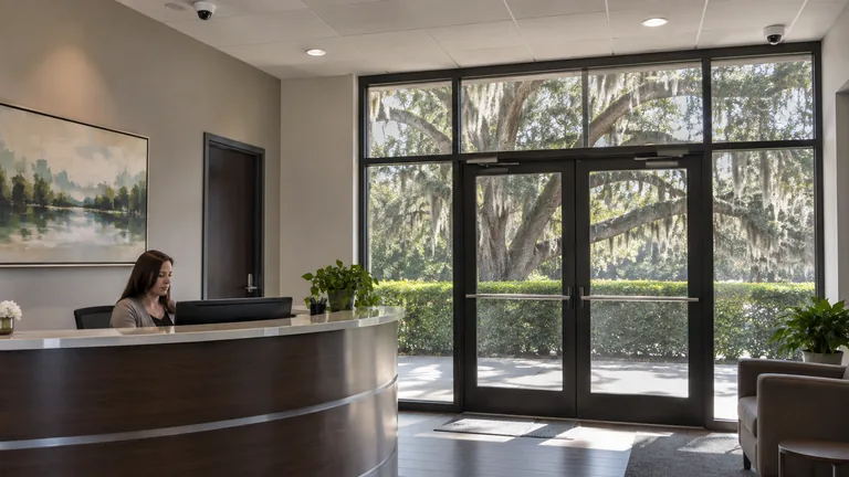 Commercial office lobby with a reception desk and dome cameras mounted flush on the ceiling