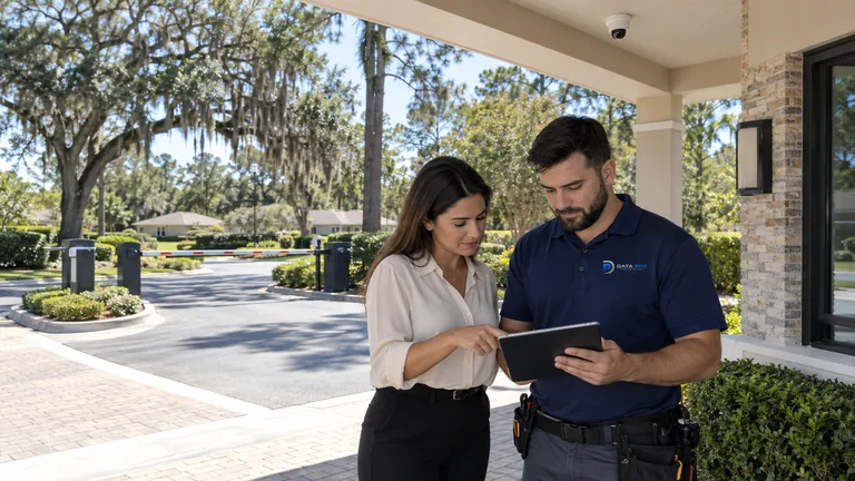 Data Pro technician and a property manager reviewing entry and parking camera coverage at a managed community entrance