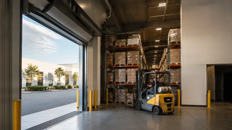 Working warehouse interior with loading access and pallet storage