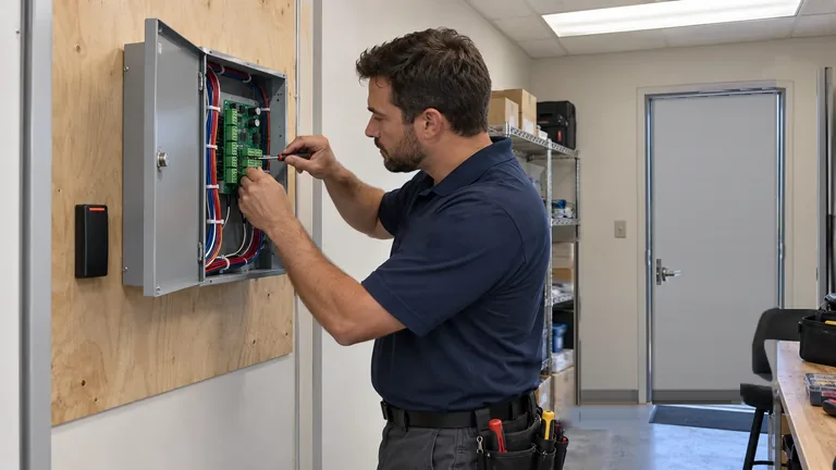 Technician terminating reader cables in an open access-control panel mounted on a plywood backboard