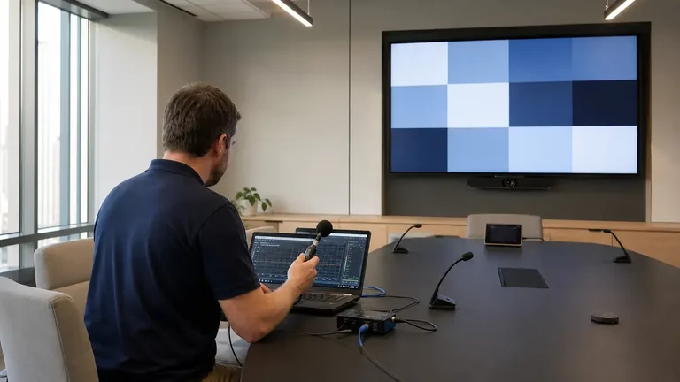 Technician commissioning microphones, display and videoconferencing equipment in a commercial meeting room