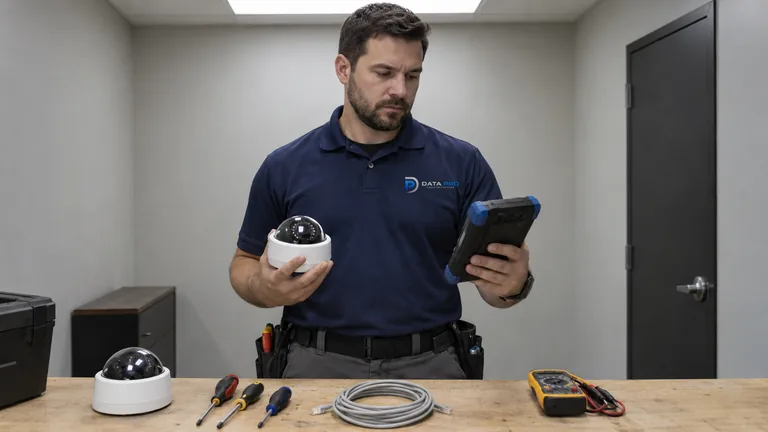 Data Pro technician holding an IP dome camera and a handheld tester at a service bench in Ocala