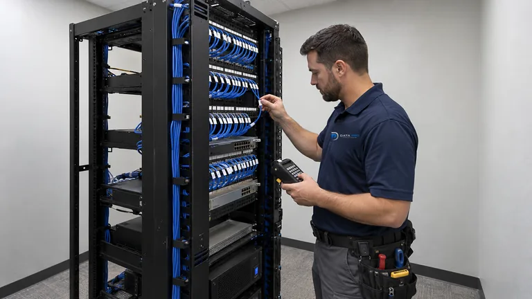 Data Pro technician tracing a labeled patch cord on a deep rack inside a closed telecom room